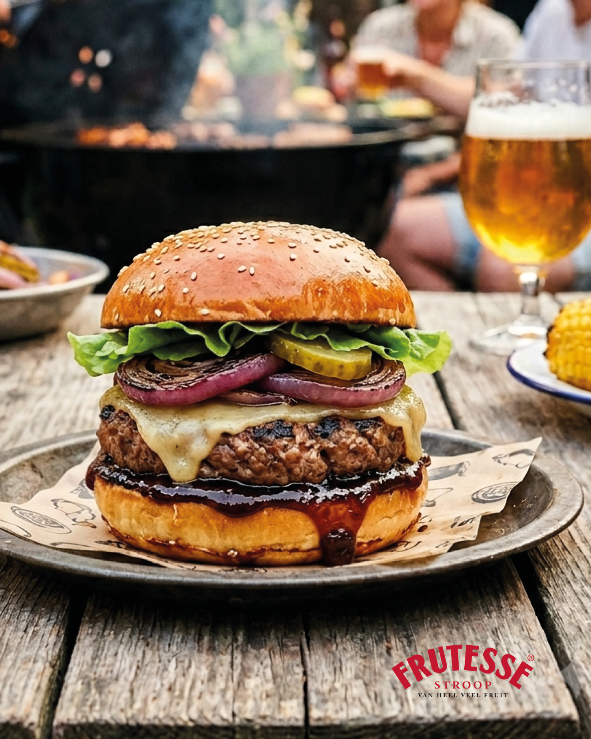 Stoere BBQ-burger met Frutesse Rinse Appelstroop op een tuintafel bij de Barbecue