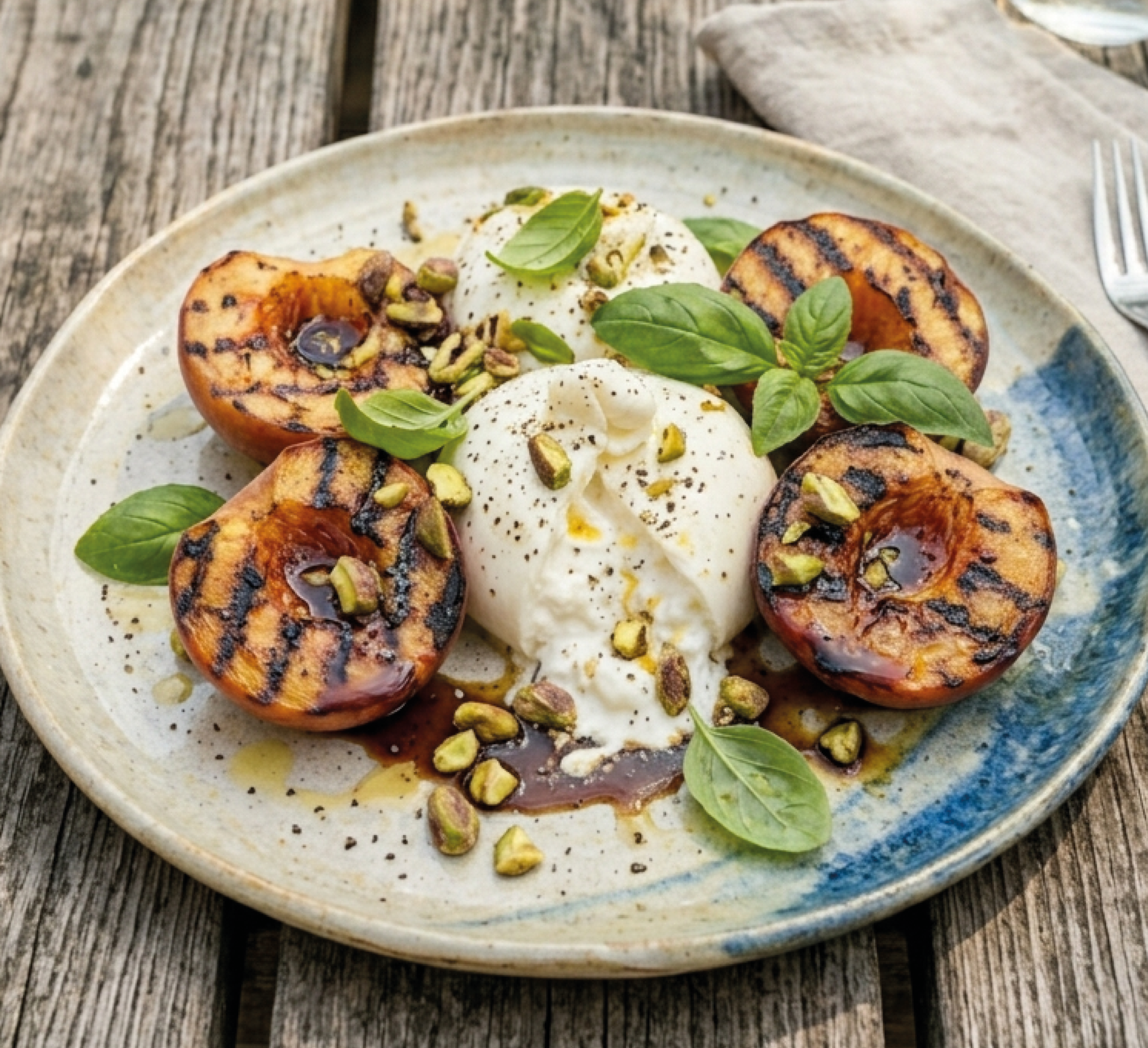Gegrilde perzik met Burrata, pistache en appelstroop voor de lunch, barbecue of als bijgerecht bij een borrel