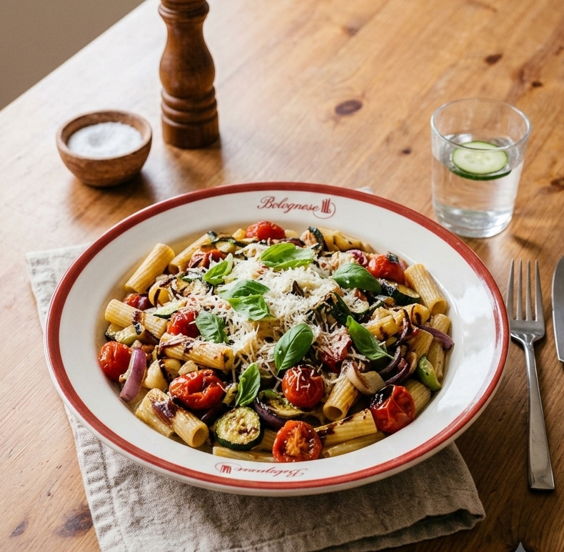 Pasta met geroosterde tomaten, courgette, Parmezaanse kaas en Frutesse-balsamico glaze, gegarneerd met verse basilicum.