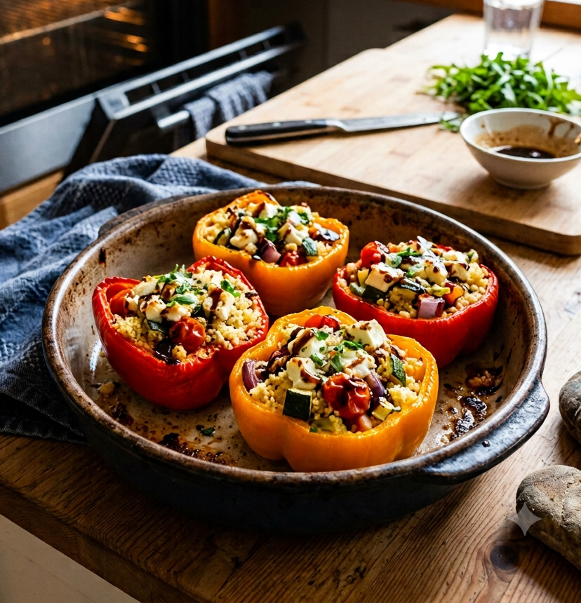 Gevulde paprika's met couscous, feta en groenten, gegarneerd met verse kruiden en Frutesse-dressing.