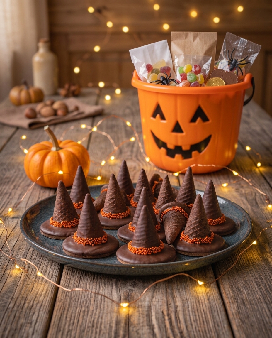 Heskenhoedjes van ijshoorntjes en chocolade
